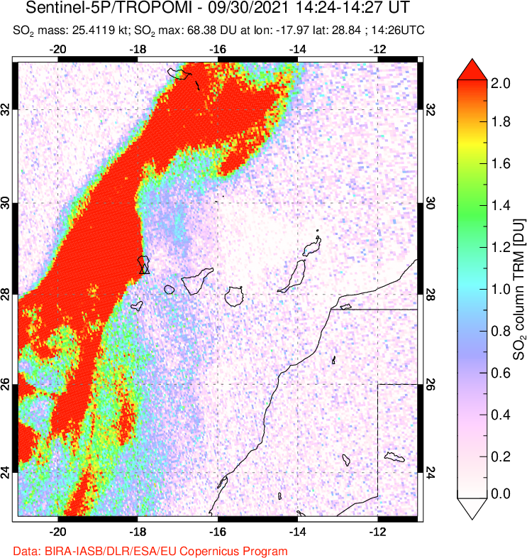 A sulfur dioxide image over Canary Islands on Sep 30, 2021.