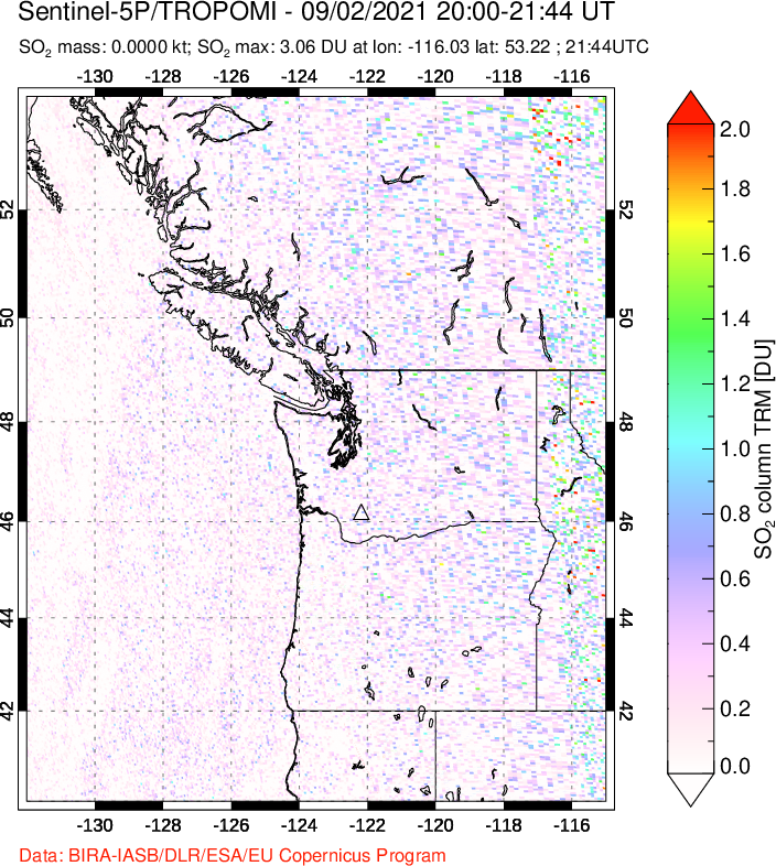 A sulfur dioxide image over Cascade Range, USA on Sep 02, 2021.