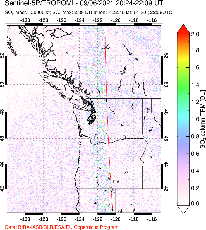 A sulfur dioxide image over Cascade Range, USA on Sep 06, 2021.