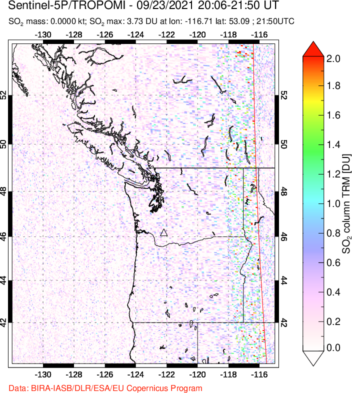 A sulfur dioxide image over Cascade Range, USA on Sep 23, 2021.