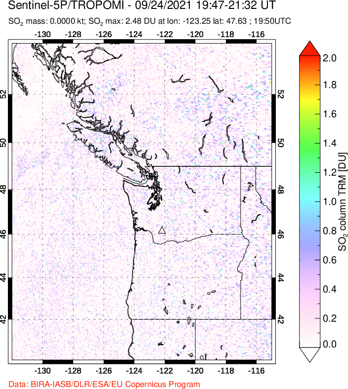 A sulfur dioxide image over Cascade Range, USA on Sep 24, 2021.