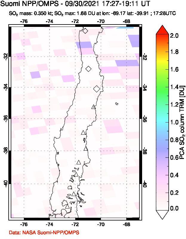 A sulfur dioxide image over Central Chile on Sep 30, 2021.