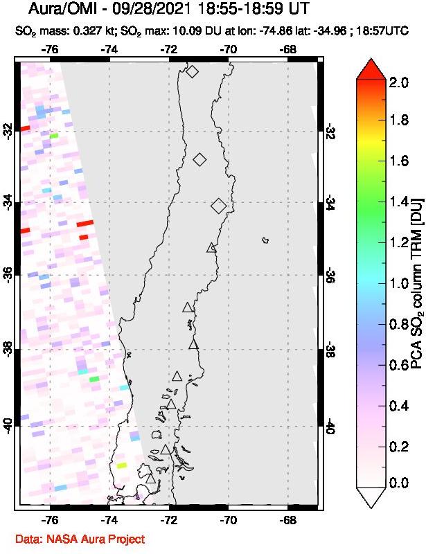 A sulfur dioxide image over Central Chile on Sep 28, 2021.
