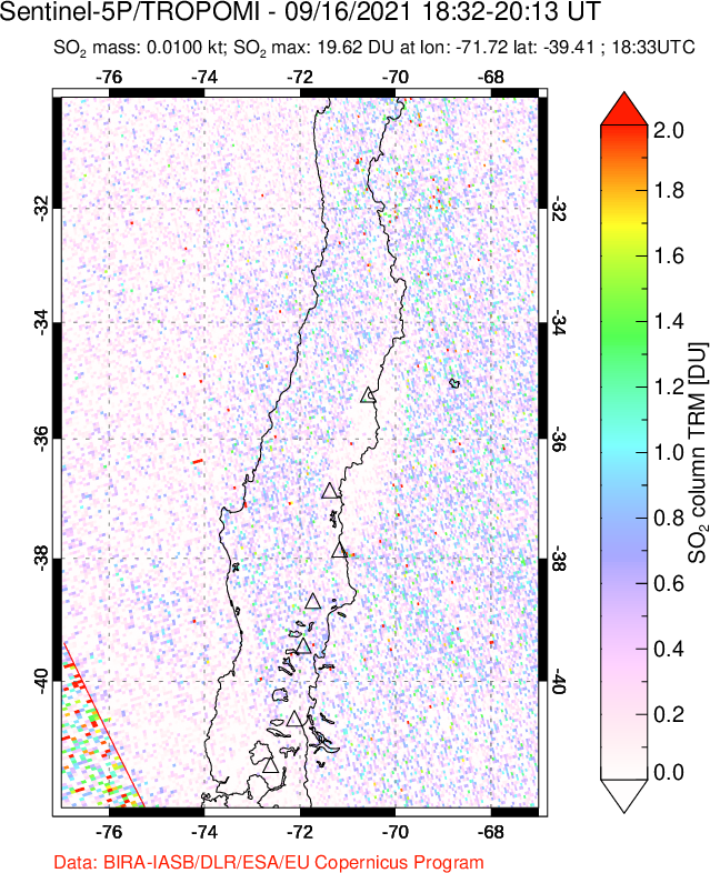 A sulfur dioxide image over Central Chile on Sep 16, 2021.