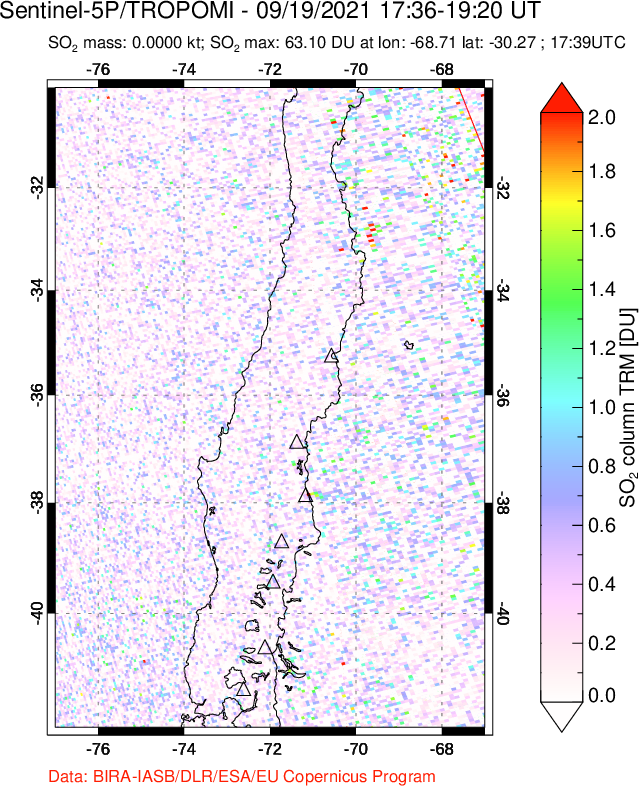 A sulfur dioxide image over Central Chile on Sep 19, 2021.