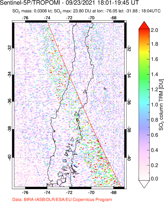 A sulfur dioxide image over Central Chile on Sep 23, 2021.