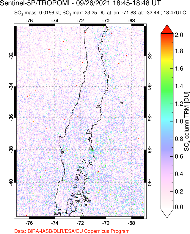 A sulfur dioxide image over Central Chile on Sep 26, 2021.