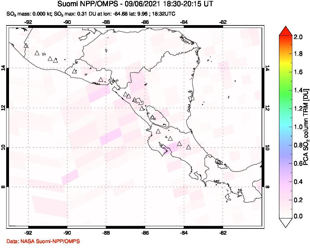 A sulfur dioxide image over Central America on Sep 06, 2021.