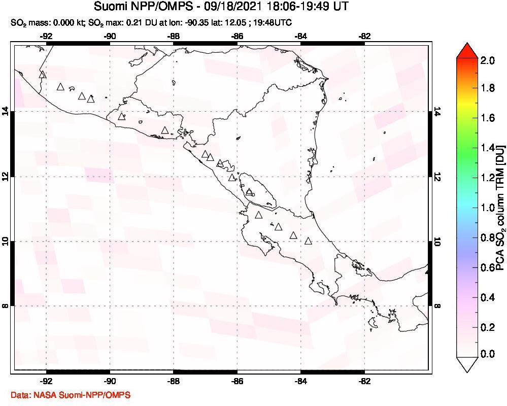 A sulfur dioxide image over Central America on Sep 18, 2021.