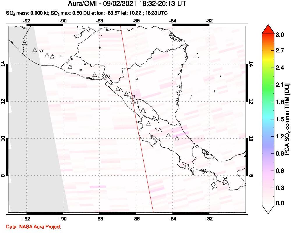 A sulfur dioxide image over Central America on Sep 02, 2021.