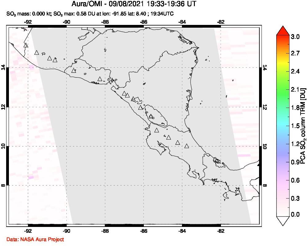 A sulfur dioxide image over Central America on Sep 08, 2021.
