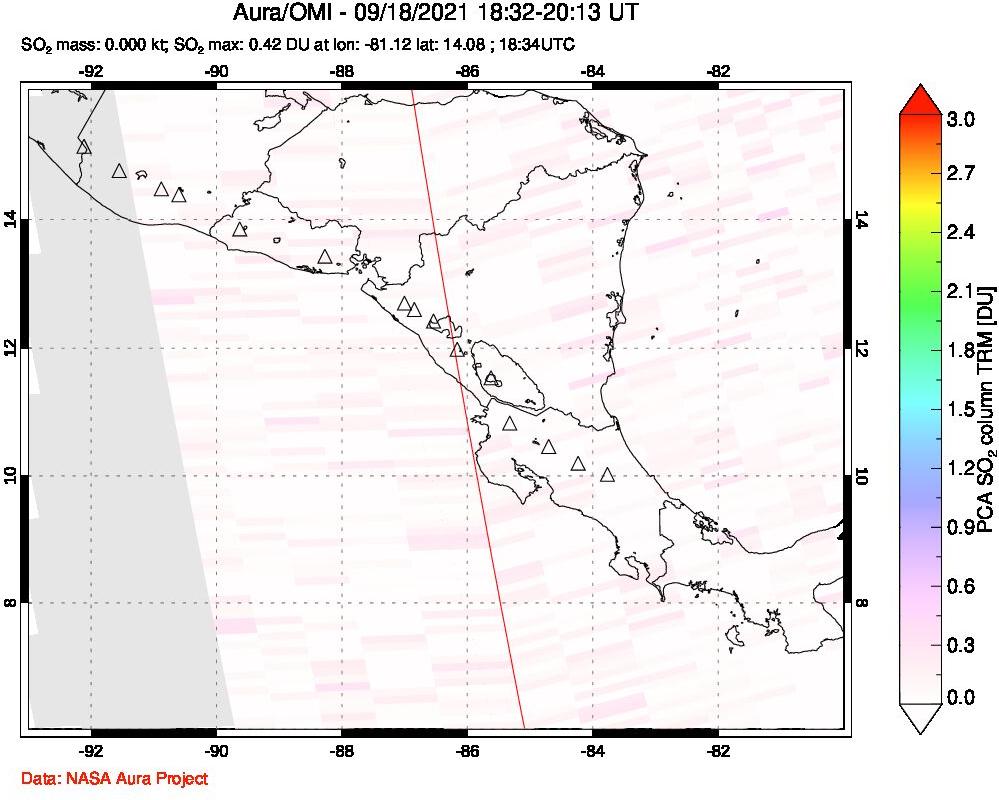 A sulfur dioxide image over Central America on Sep 18, 2021.