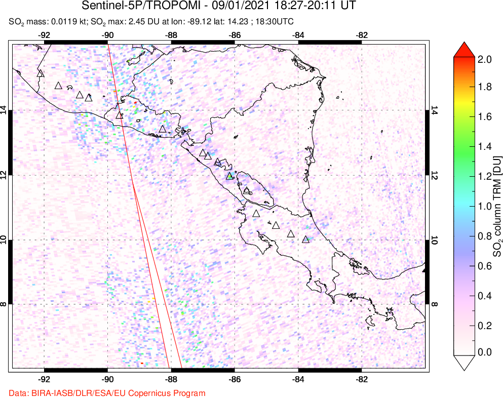 A sulfur dioxide image over Central America on Sep 01, 2021.