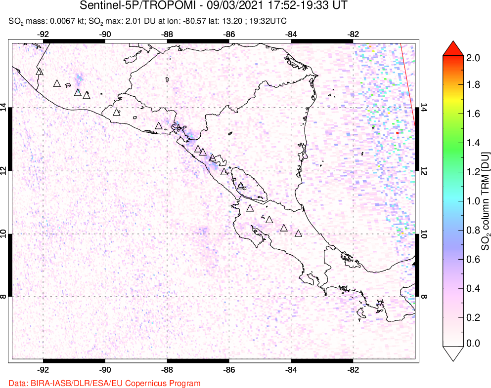 A sulfur dioxide image over Central America on Sep 03, 2021.