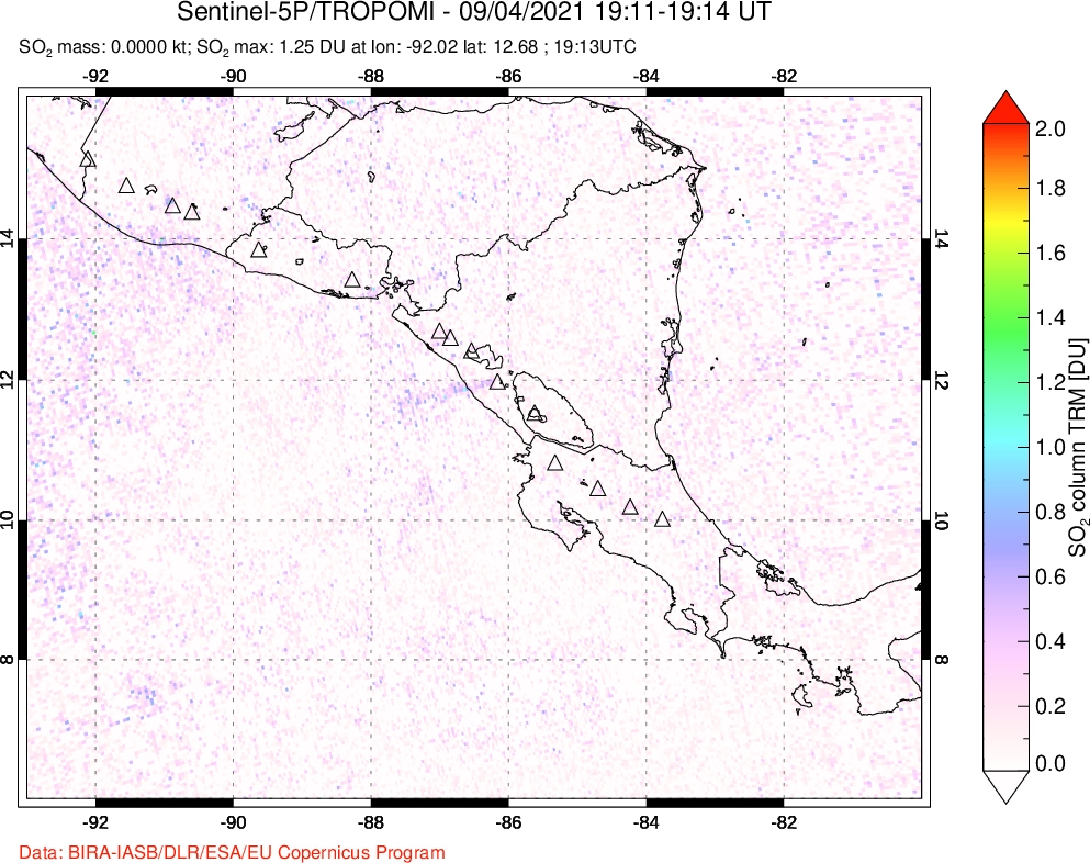 A sulfur dioxide image over Central America on Sep 04, 2021.