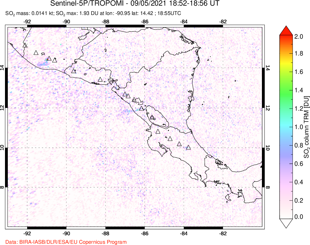 A sulfur dioxide image over Central America on Sep 05, 2021.
