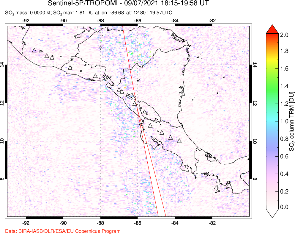 A sulfur dioxide image over Central America on Sep 07, 2021.