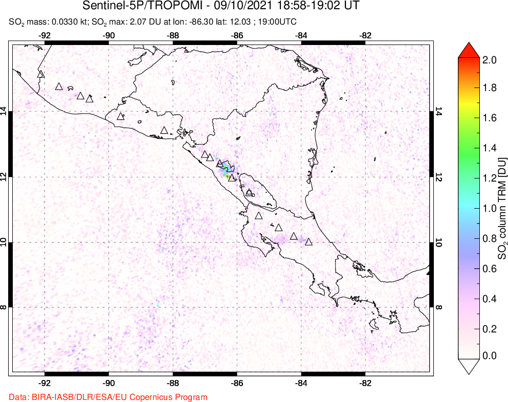 A sulfur dioxide image over Central America on Sep 10, 2021.