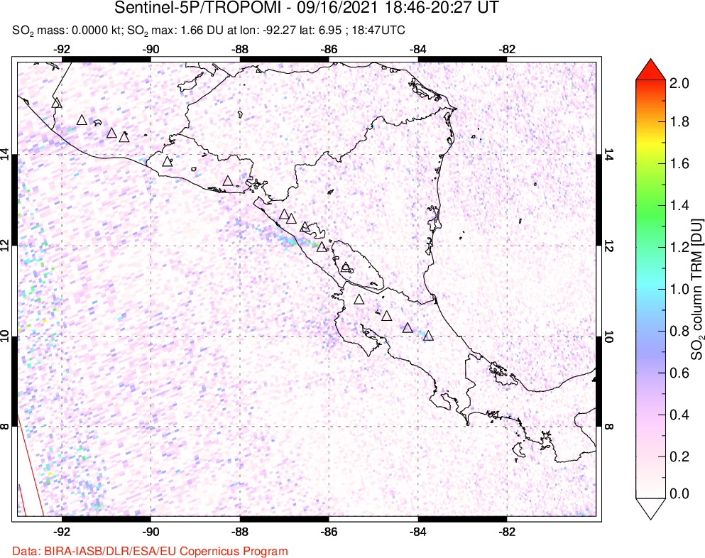 A sulfur dioxide image over Central America on Sep 16, 2021.