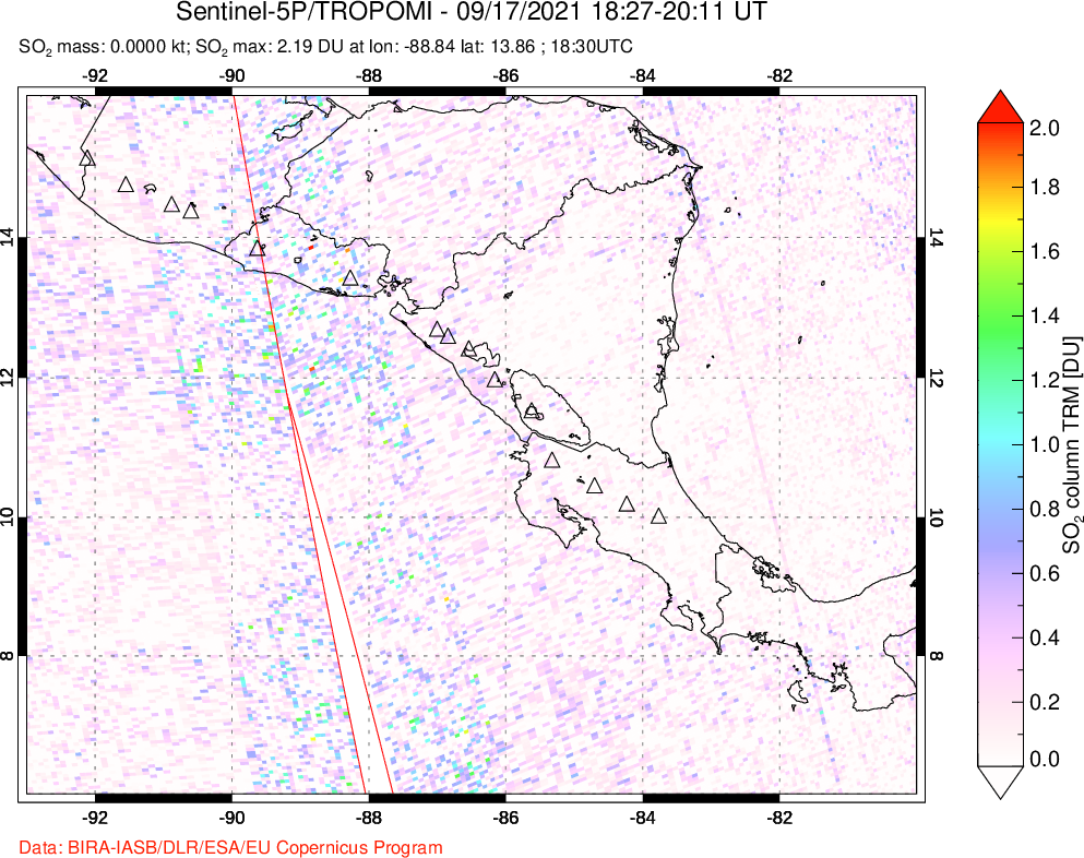 A sulfur dioxide image over Central America on Sep 17, 2021.