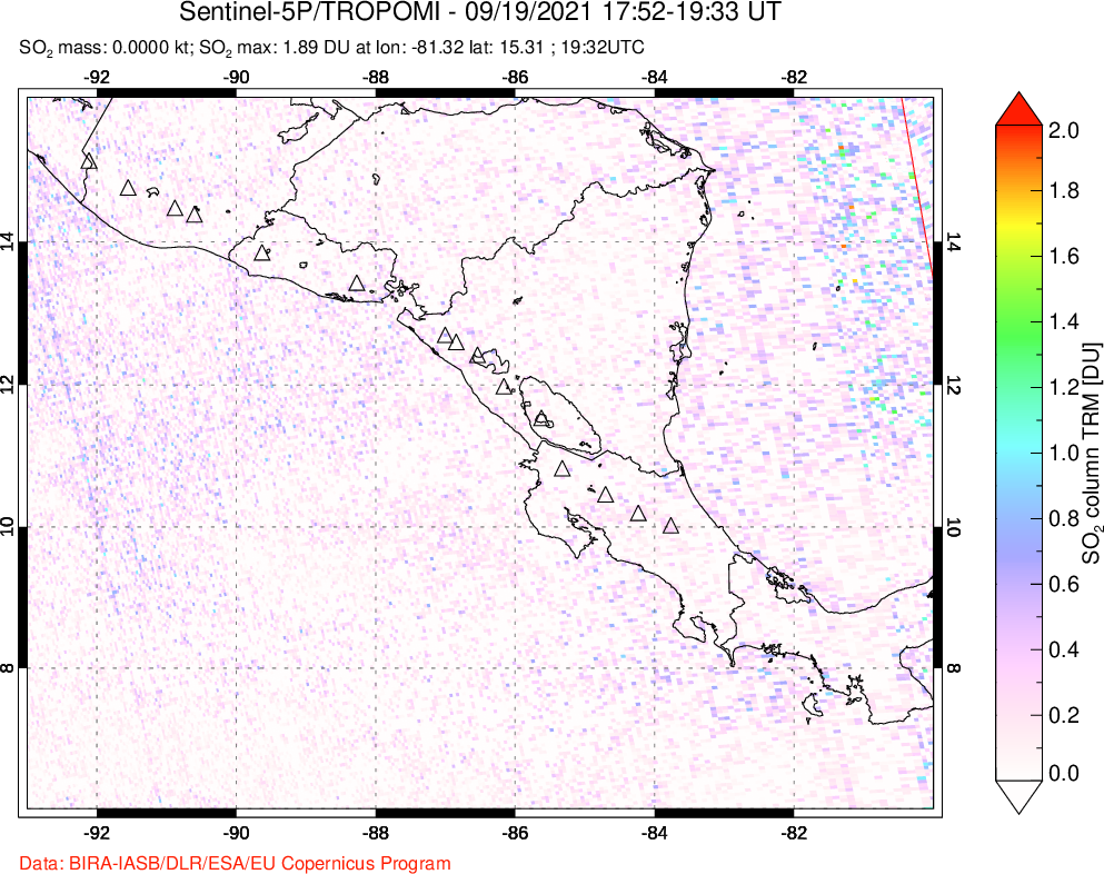 A sulfur dioxide image over Central America on Sep 19, 2021.