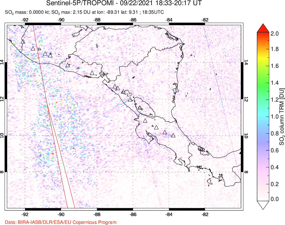 A sulfur dioxide image over Central America on Sep 22, 2021.