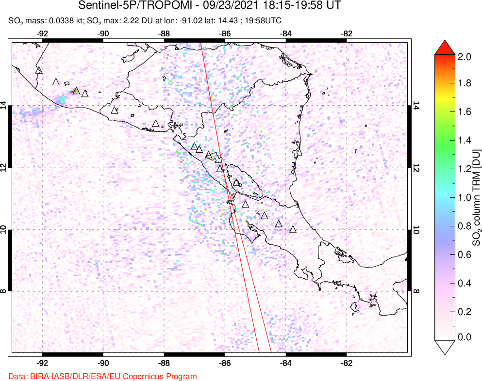 A sulfur dioxide image over Central America on Sep 23, 2021.