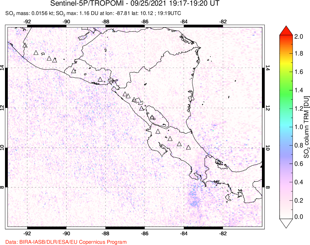 A sulfur dioxide image over Central America on Sep 25, 2021.