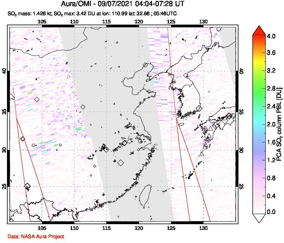 A sulfur dioxide image over Eastern China on Sep 07, 2021.