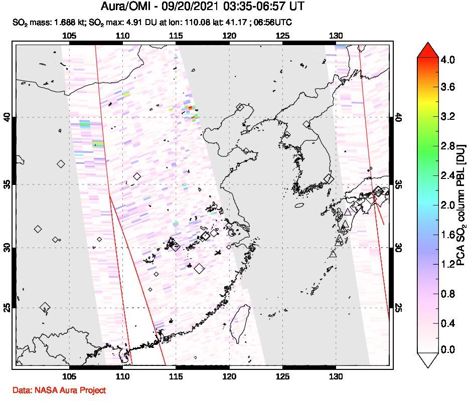 A sulfur dioxide image over Eastern China on Sep 20, 2021.