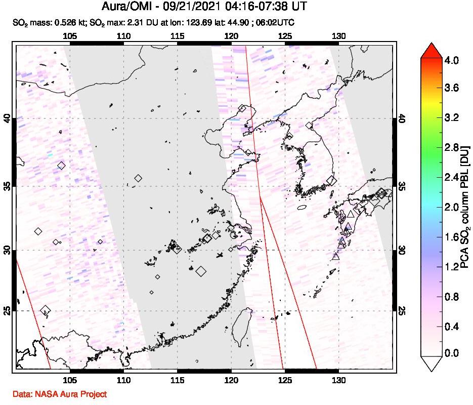 A sulfur dioxide image over Eastern China on Sep 21, 2021.