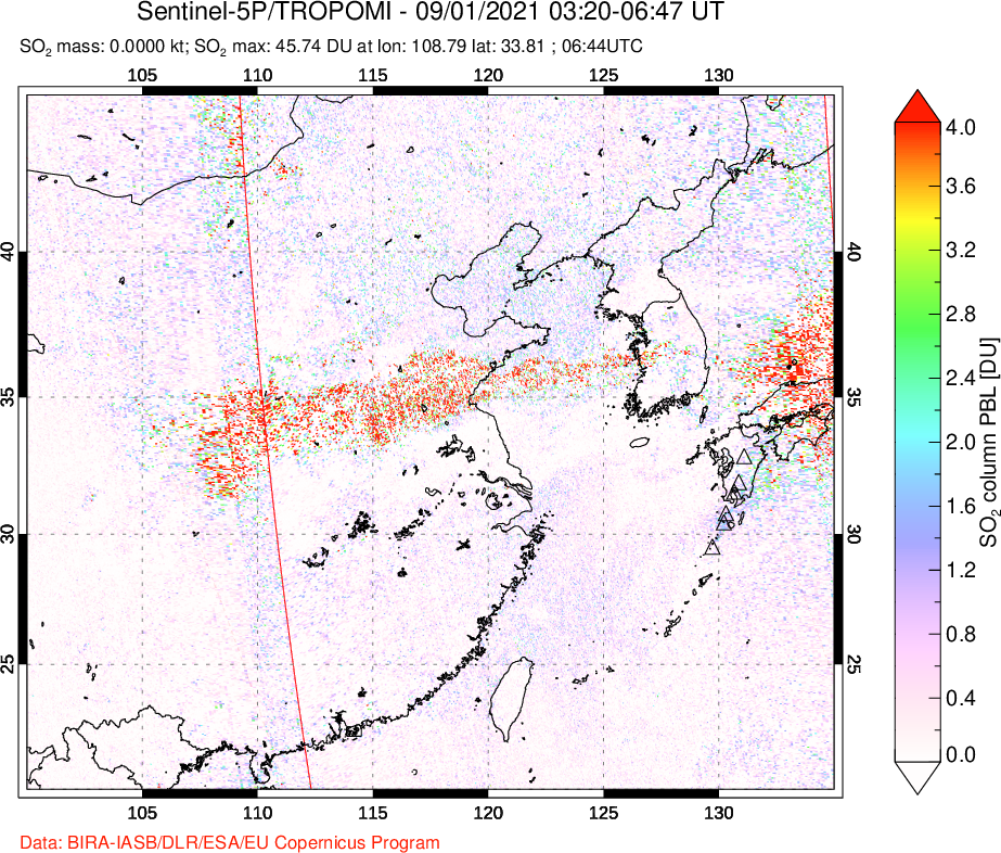A sulfur dioxide image over Eastern China on Sep 01, 2021.