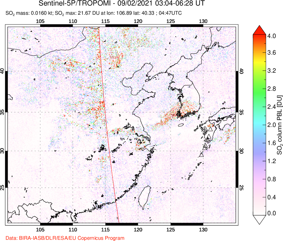 A sulfur dioxide image over Eastern China on Sep 02, 2021.