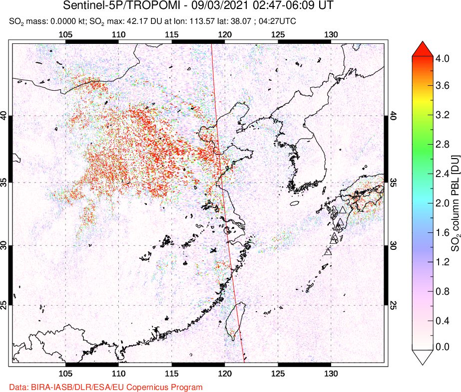 A sulfur dioxide image over Eastern China on Sep 03, 2021.