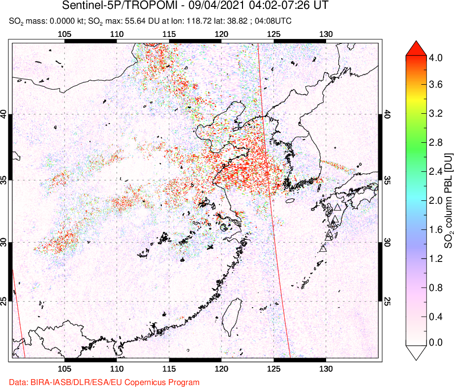 A sulfur dioxide image over Eastern China on Sep 04, 2021.