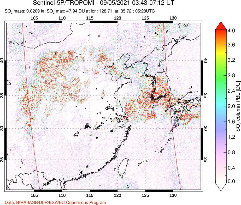A sulfur dioxide image over Eastern China on Sep 05, 2021.