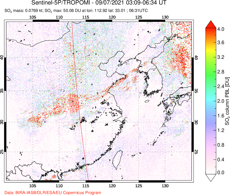 A sulfur dioxide image over Eastern China on Sep 07, 2021.