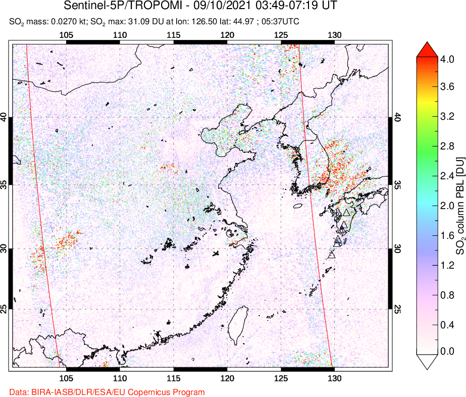 A sulfur dioxide image over Eastern China on Sep 10, 2021.
