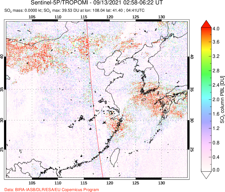 A sulfur dioxide image over Eastern China on Sep 13, 2021.