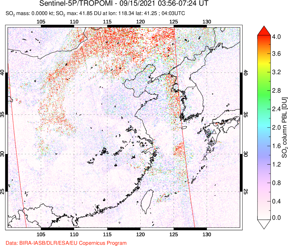 A sulfur dioxide image over Eastern China on Sep 15, 2021.