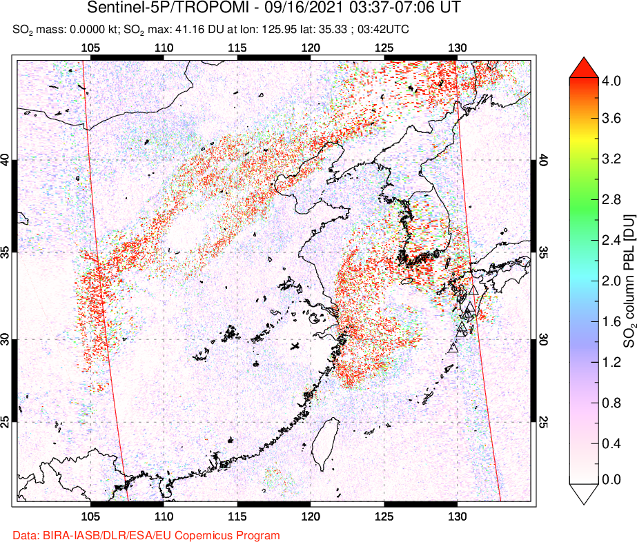 A sulfur dioxide image over Eastern China on Sep 16, 2021.
