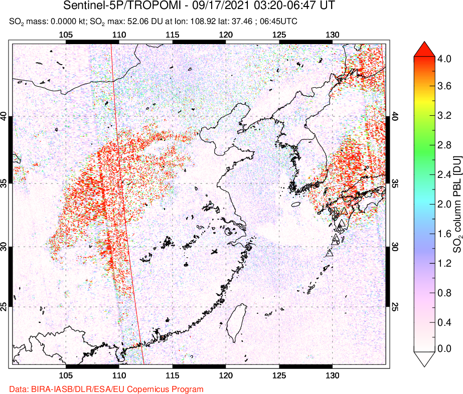 A sulfur dioxide image over Eastern China on Sep 17, 2021.
