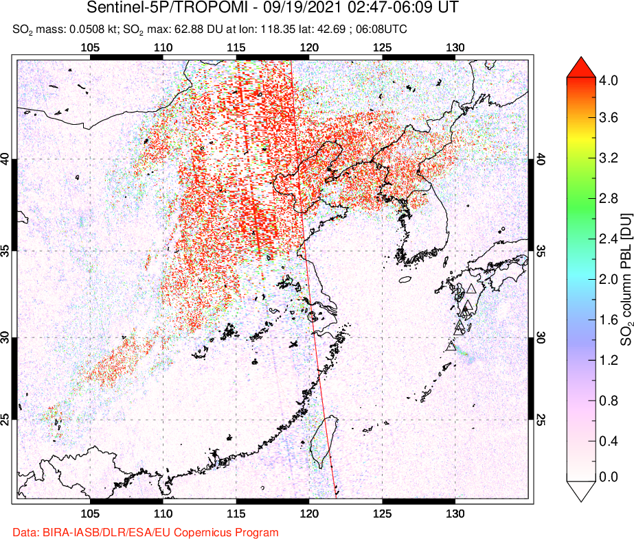 A sulfur dioxide image over Eastern China on Sep 19, 2021.