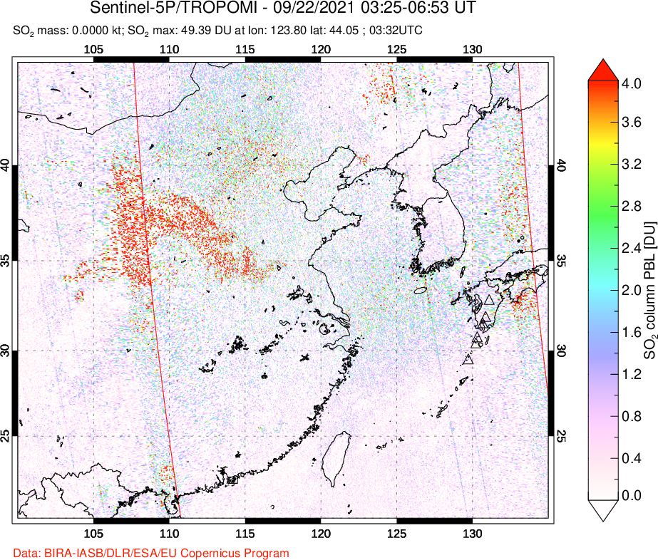 A sulfur dioxide image over Eastern China on Sep 22, 2021.