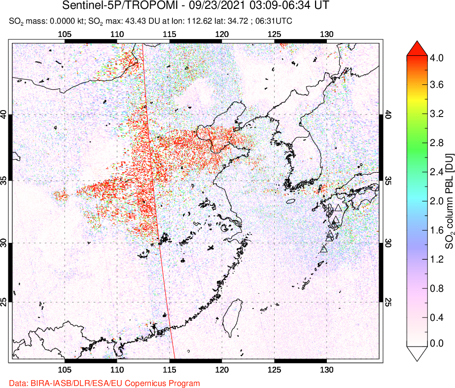 A sulfur dioxide image over Eastern China on Sep 23, 2021.