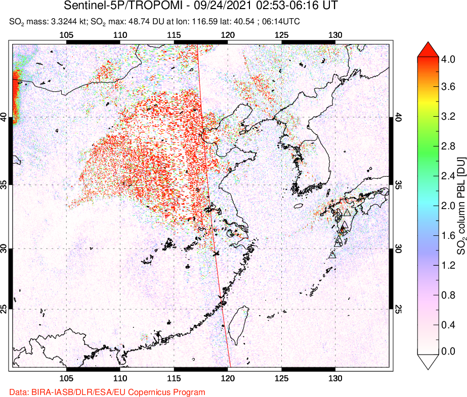 A sulfur dioxide image over Eastern China on Sep 24, 2021.