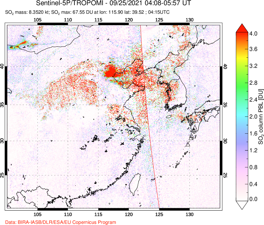 A sulfur dioxide image over Eastern China on Sep 25, 2021.