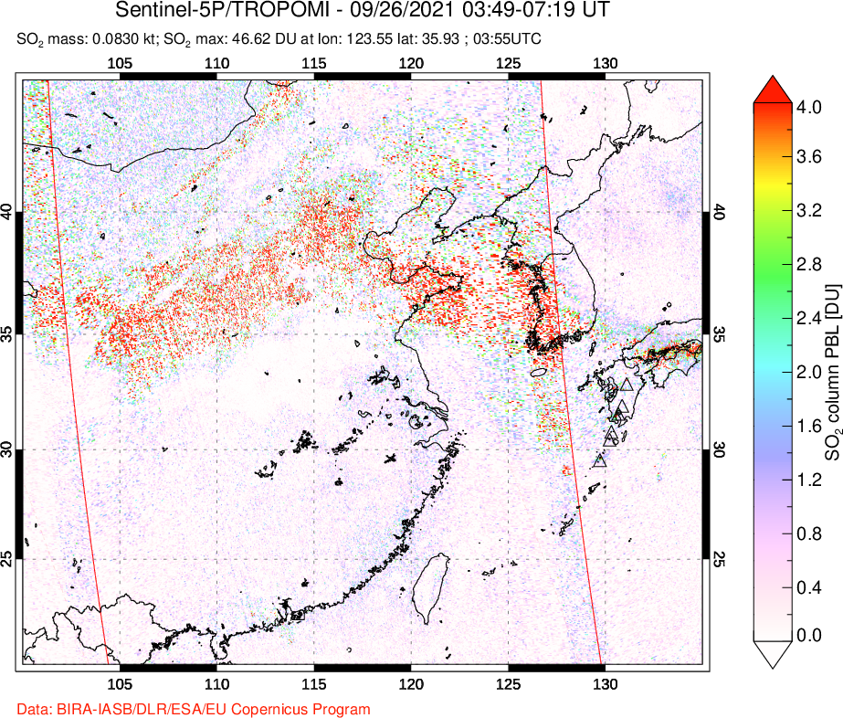 A sulfur dioxide image over Eastern China on Sep 26, 2021.