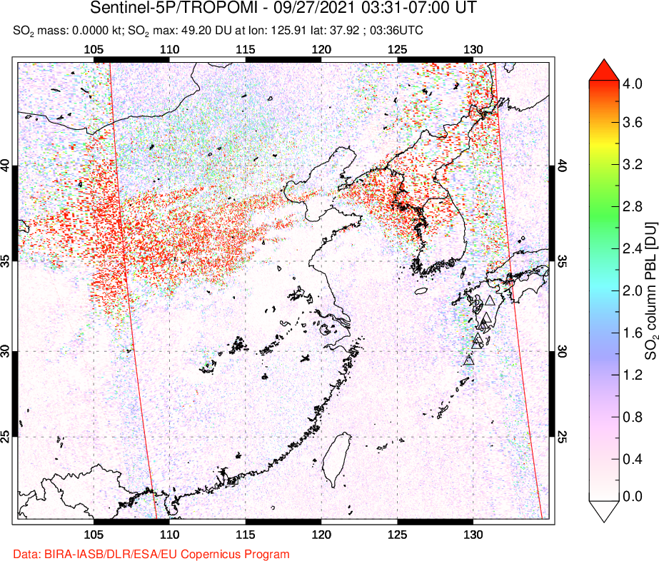 A sulfur dioxide image over Eastern China on Sep 27, 2021.