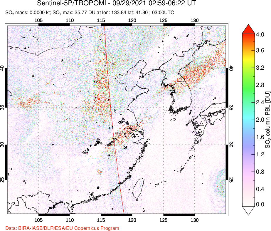 A sulfur dioxide image over Eastern China on Sep 29, 2021.